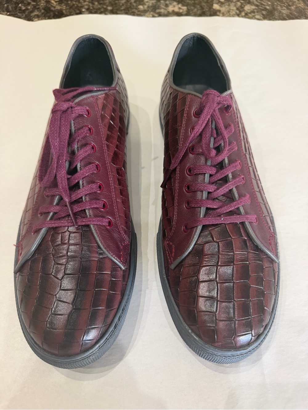 RB Italia Men’s Burgundy Italian Leather Croc Embossed Sneakers